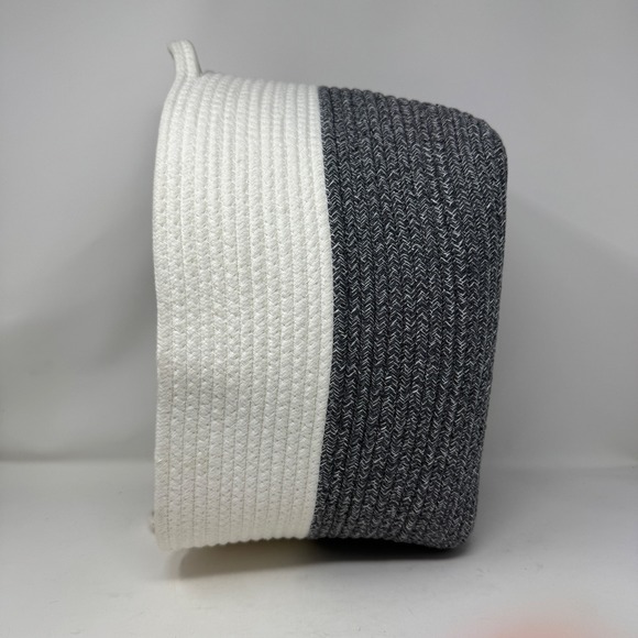 Goodpick Woven Cotton Rope Basket Two Tone Gray White Oval Storage Bin Handle - Picture 2 of 7